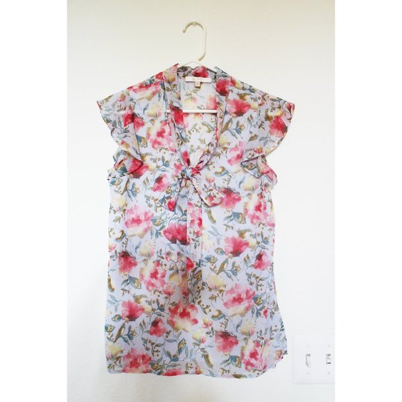 Wayf Tops - WAYF Blue Floral Short Sleeve Bow Tie Button Down Chiffon Blouse Size XS